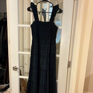 J. Crew Blackwatch Plaid Smocked Midi Dress in Dark Green and Navy